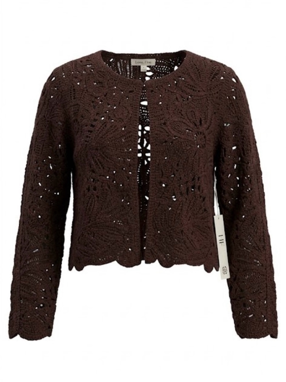 NWT House of Harlow 1960 Dark Chocolate Brown Crochet Open Front Cardigan Top M